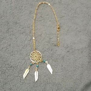 Dream Catcher Pendant w feathers Gold Plated w turquoise beads